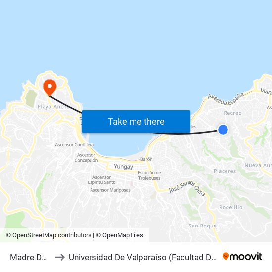 Madre De Dios to Universidad De Valparaíso (Facultad De Arquitectura) map