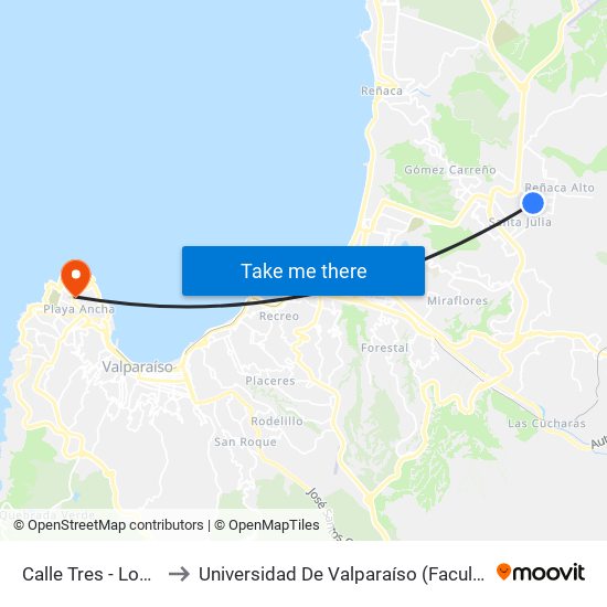 Calle Tres - Los Tulipanes to Universidad De Valparaíso (Facultad De Arquitectura) map