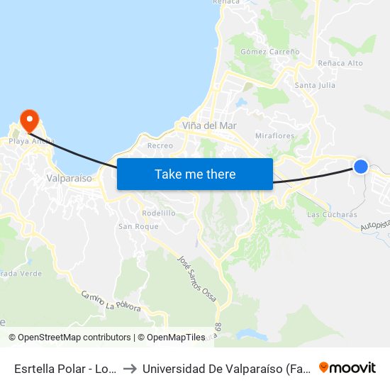 Esrtella Polar - Los Carrera / Sur to Universidad De Valparaíso (Facultad De Arquitectura) map