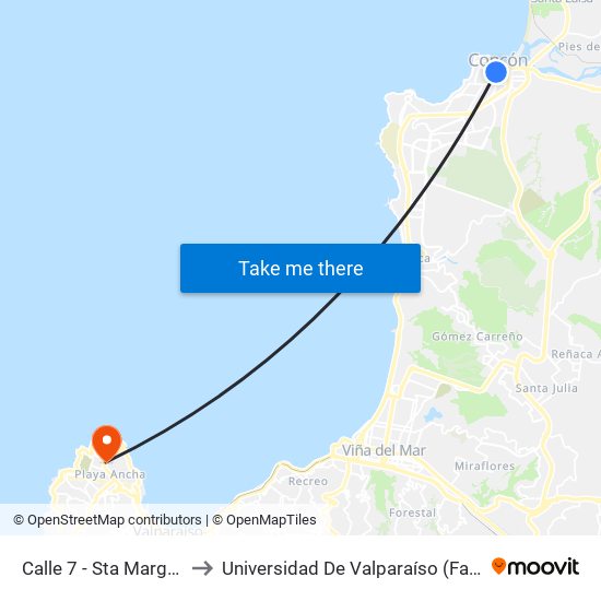 Calle 7 - Sta Margarita / Poniente to Universidad De Valparaíso (Facultad De Arquitectura) map