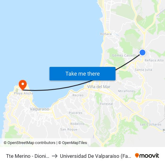 Tte Merino - Dionisio Hernandez to Universidad De Valparaíso (Facultad De Arquitectura) map