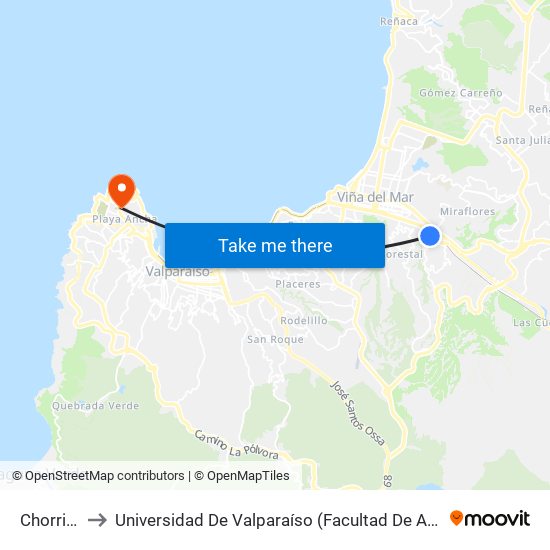Chorrillos to Universidad De Valparaíso (Facultad De Arquitectura) map