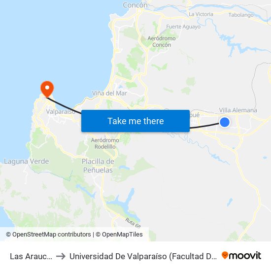 Las Araucanias to Universidad De Valparaíso (Facultad De Arquitectura) map