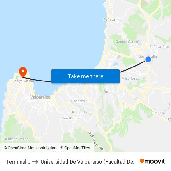 Terminal Bus to Universidad De Valparaíso (Facultad De Arquitectura) map
