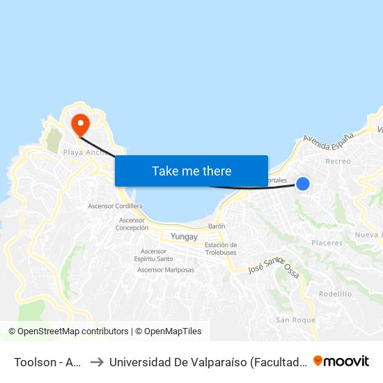 Toolson - Aspillaga to Universidad De Valparaíso (Facultad De Arquitectura) map