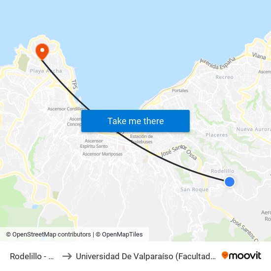 Rodelillo - Ptrohue to Universidad De Valparaíso (Facultad De Arquitectura) map
