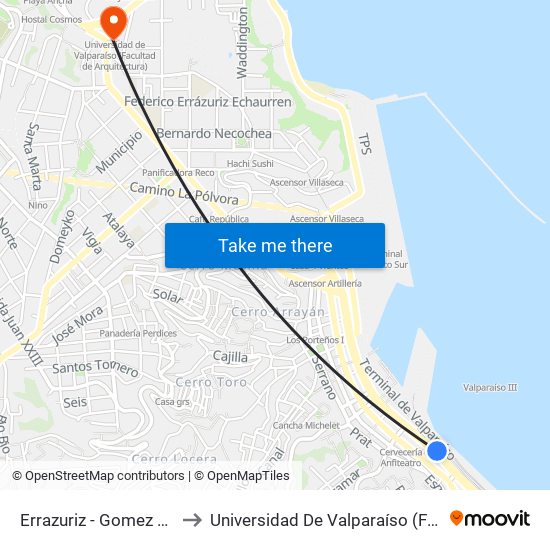 Errazuriz - Gomez Carreño / Oriente to Universidad De Valparaíso (Facultad De Arquitectura) map