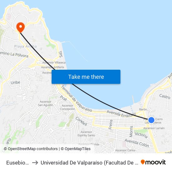 Eusebio Lillo to Universidad De Valparaíso (Facultad De Arquitectura) map
