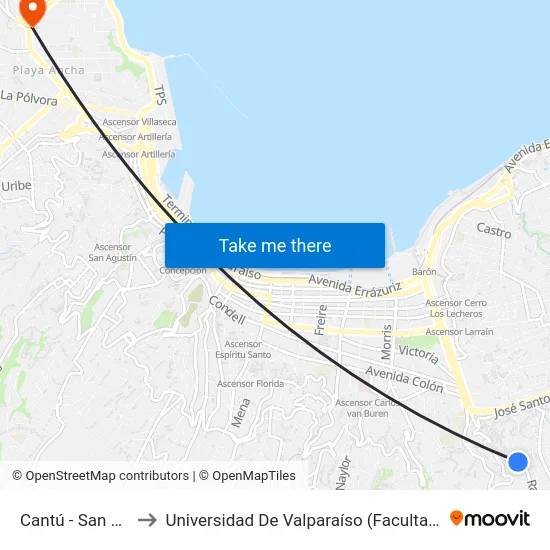 Cantú - San Bernardo to Universidad De Valparaíso (Facultad De Arquitectura) map