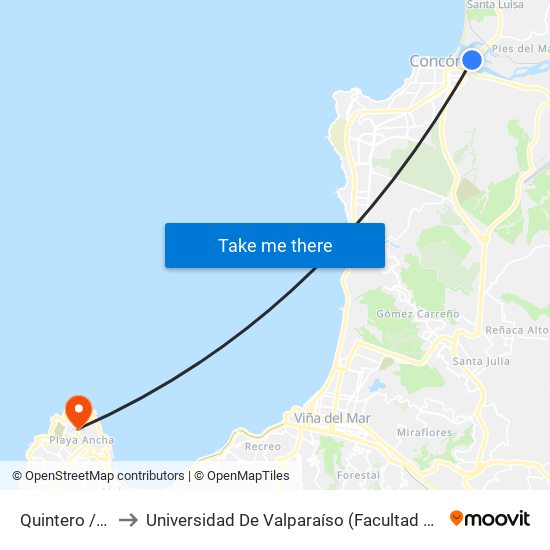 Quintero / Norte to Universidad De Valparaíso (Facultad De Arquitectura) map