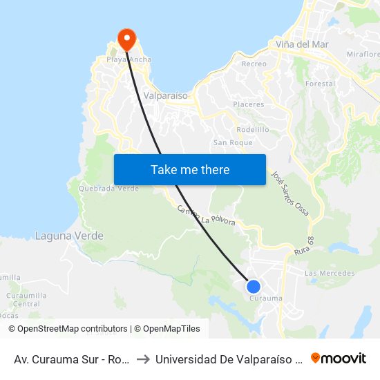 Av. Curauma Sur - Rotonda Obispo Valdes to Universidad De Valparaíso (Facultad De Arquitectura) map
