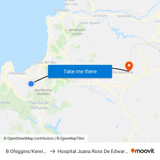 B Ohiggins/Kenrick to Hospital Juana Ross De Edwards map