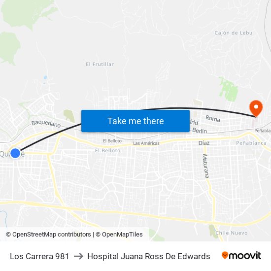 Los Carrera 981 to Hospital Juana Ross De Edwards map