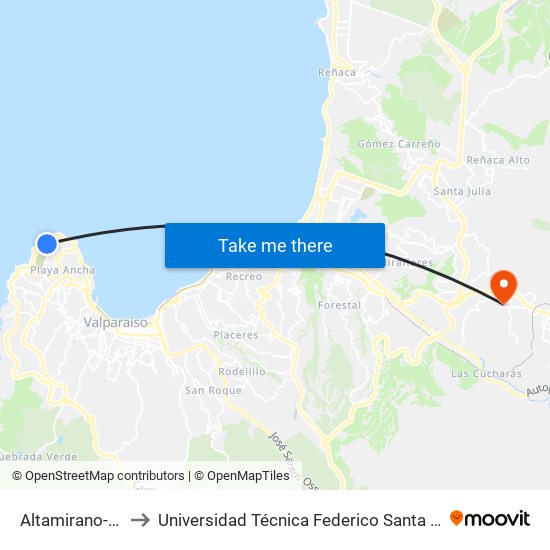 Altamirano-Torpedera to Universidad Técnica Federico Santa María Sede Viña Del Mar map