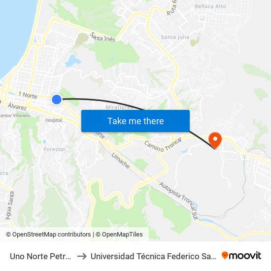 Uno Norte Petrobras Poniente to Universidad Técnica Federico Santa María Sede Viña Del Mar map