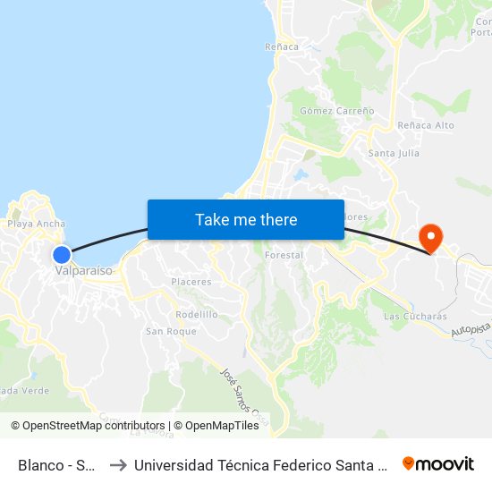 Blanco - Sotomayor to Universidad Técnica Federico Santa María Sede Viña Del Mar map