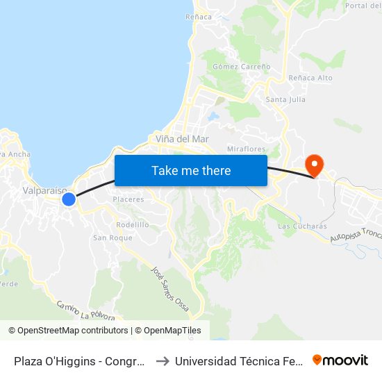 Plaza O'Higgins - Congreso Nacional - Teatro Municipal / Norte to Universidad Técnica Federico Santa María Sede Viña Del Mar map