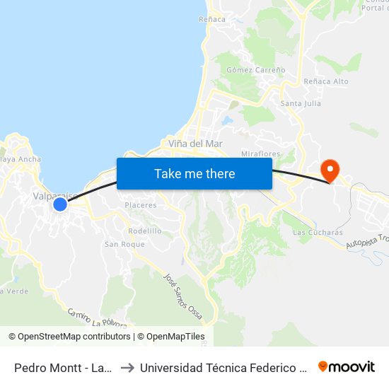 Pedro Montt - Las Heras / Poniente to Universidad Técnica Federico Santa María Sede Viña Del Mar map