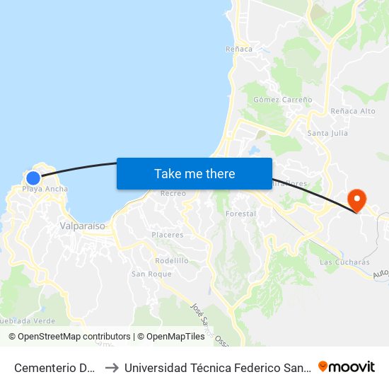 Cementerio De Playa Ancha to Universidad Técnica Federico Santa María Sede Viña Del Mar map