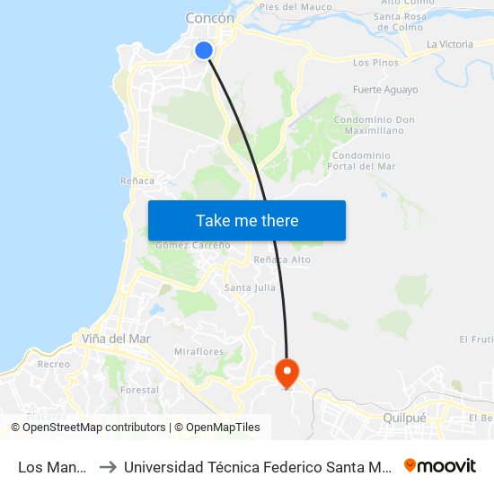 Los Manantiales to Universidad Técnica Federico Santa María Sede Viña Del Mar map