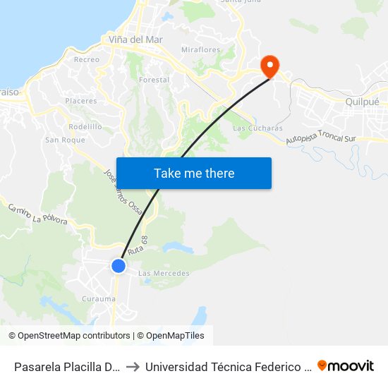 Pasarela Placilla De Peñuelas / Oriente to Universidad Técnica Federico Santa María Sede Viña Del Mar map