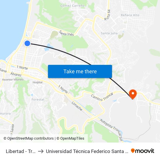 Libertad - Trece Norte to Universidad Técnica Federico Santa María Sede Viña Del Mar map