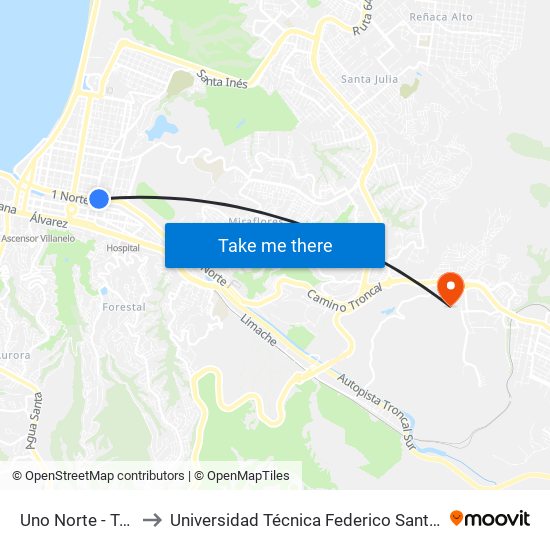 Uno Norte - Tres 1 / 2 Ote to Universidad Técnica Federico Santa María Sede Viña Del Mar map