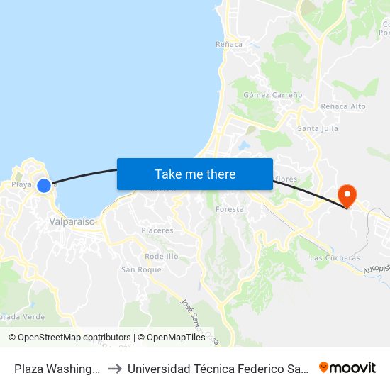 Plaza Washington / Poniente to Universidad Técnica Federico Santa María Sede Viña Del Mar map