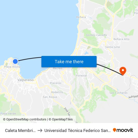Caleta Membrillo / Poniente to Universidad Técnica Federico Santa María Sede Viña Del Mar map