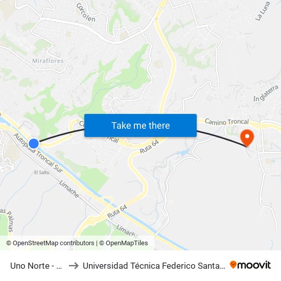 Uno Norte - Troncal Sur to Universidad Técnica Federico Santa María Sede Viña Del Mar map