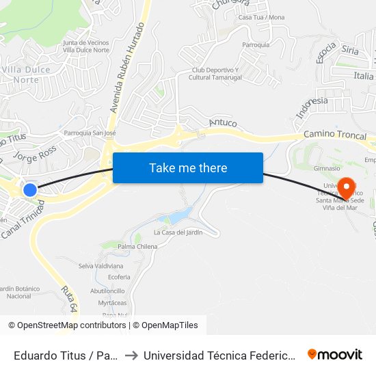 Eduardo Titus / Paralelo Camino Troncal to Universidad Técnica Federico Santa María Sede Viña Del Mar map