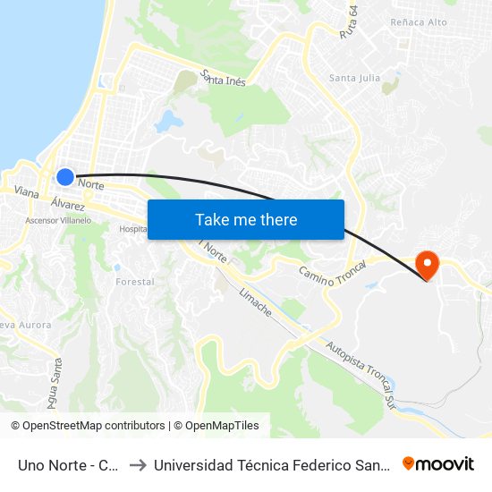 Uno Norte - Cuatro Puente to Universidad Técnica Federico Santa María Sede Viña Del Mar map
