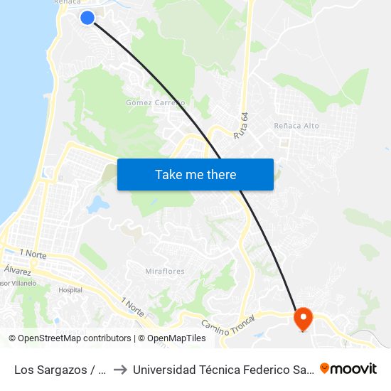 Los Sargazos / Mirador / Norte to Universidad Técnica Federico Santa María Sede Viña Del Mar map