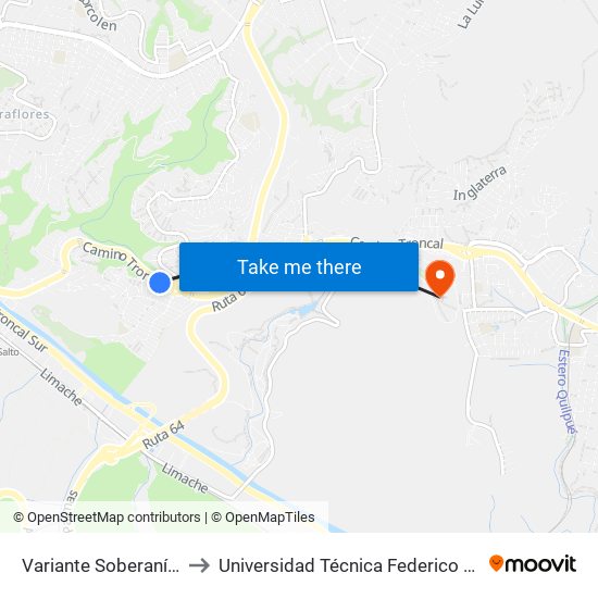Variante Soberanía / Camino Troncal to Universidad Técnica Federico Santa María Sede Viña Del Mar map