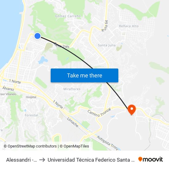 Alessandri - Pasaje A to Universidad Técnica Federico Santa María Sede Viña Del Mar map