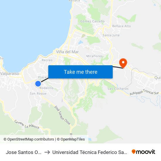 Jose Santos Ossa - Noruega to Universidad Técnica Federico Santa María Sede Viña Del Mar map