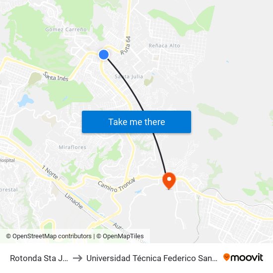 Rotonda Sta Julia / Oriente to Universidad Técnica Federico Santa María Sede Viña Del Mar map