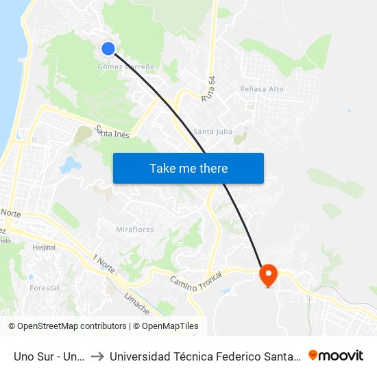 Uno Sur - Uno 1 / 2 Sur to Universidad Técnica Federico Santa María Sede Viña Del Mar map