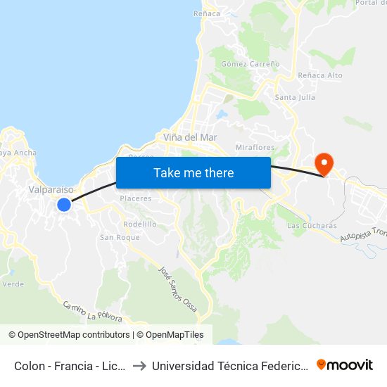 Colon - Francia - Liceo Eduardo De La Barra to Universidad Técnica Federico Santa María Sede Viña Del Mar map