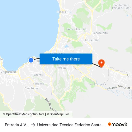 Entrada A Valparaiso to Universidad Técnica Federico Santa María Sede Viña Del Mar map