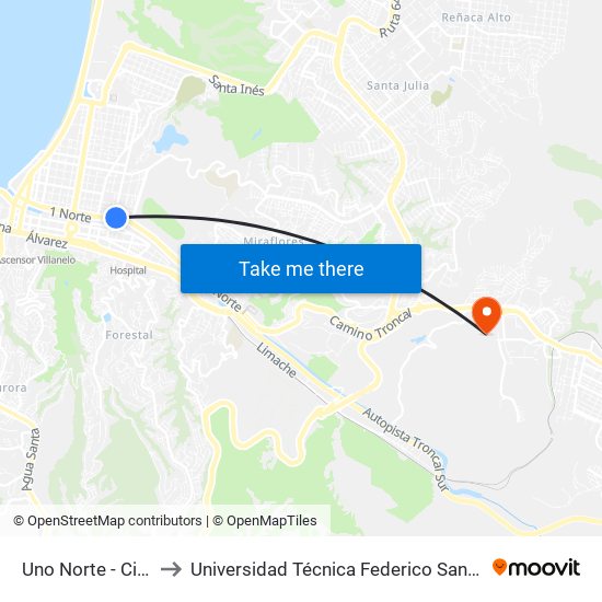 Uno Norte - Cinco 1 / 2 Ote to Universidad Técnica Federico Santa María Sede Viña Del Mar map