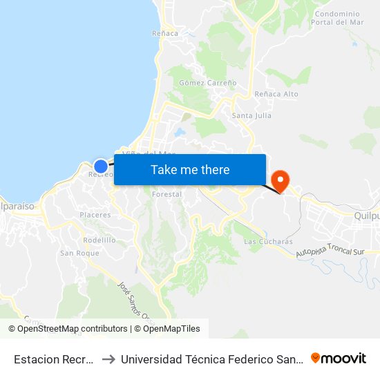 Estacion Recreo / Poniente to Universidad Técnica Federico Santa María Sede Viña Del Mar map