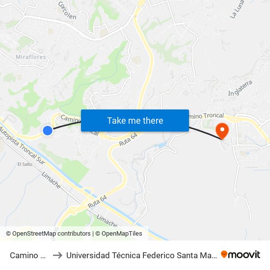 Camino Troncal to Universidad Técnica Federico Santa María Sede Viña Del Mar map