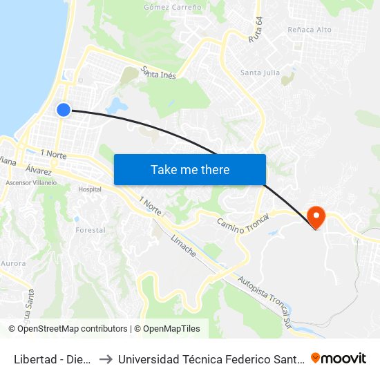 Libertad - Diez Norte / Sur to Universidad Técnica Federico Santa María Sede Viña Del Mar map