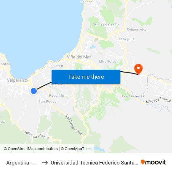 Argentina - Santa Elena to Universidad Técnica Federico Santa María Sede Viña Del Mar map