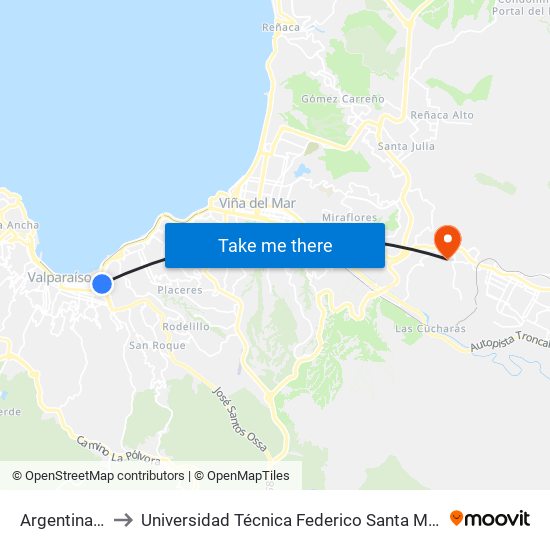 Argentina - Orella to Universidad Técnica Federico Santa María Sede Viña Del Mar map