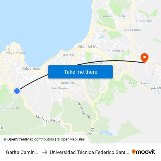 Garita Camino La Polvora to Universidad Técnica Federico Santa María Sede Viña Del Mar map