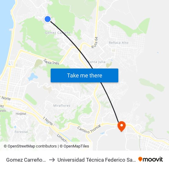 Gomez Carreño - Veintiseis Pte to Universidad Técnica Federico Santa María Sede Viña Del Mar map