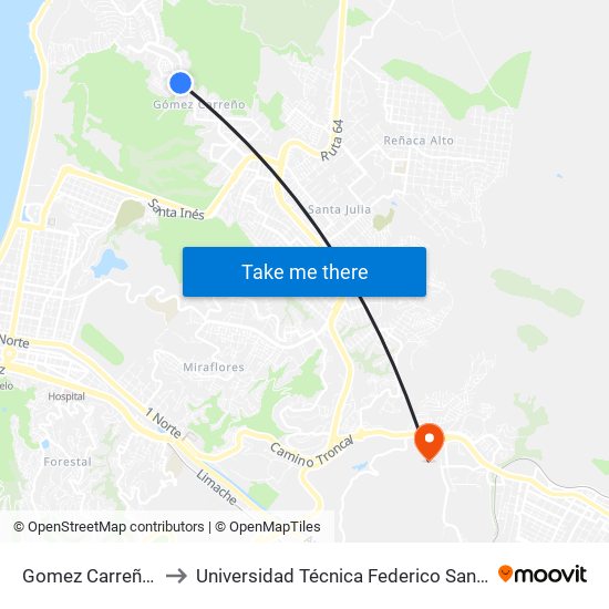 Gomez Carreño - Veinte Pte to Universidad Técnica Federico Santa María Sede Viña Del Mar map