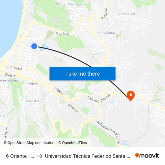 6 Oriente - 12 Norte to Universidad Técnica Federico Santa María Sede Viña Del Mar map